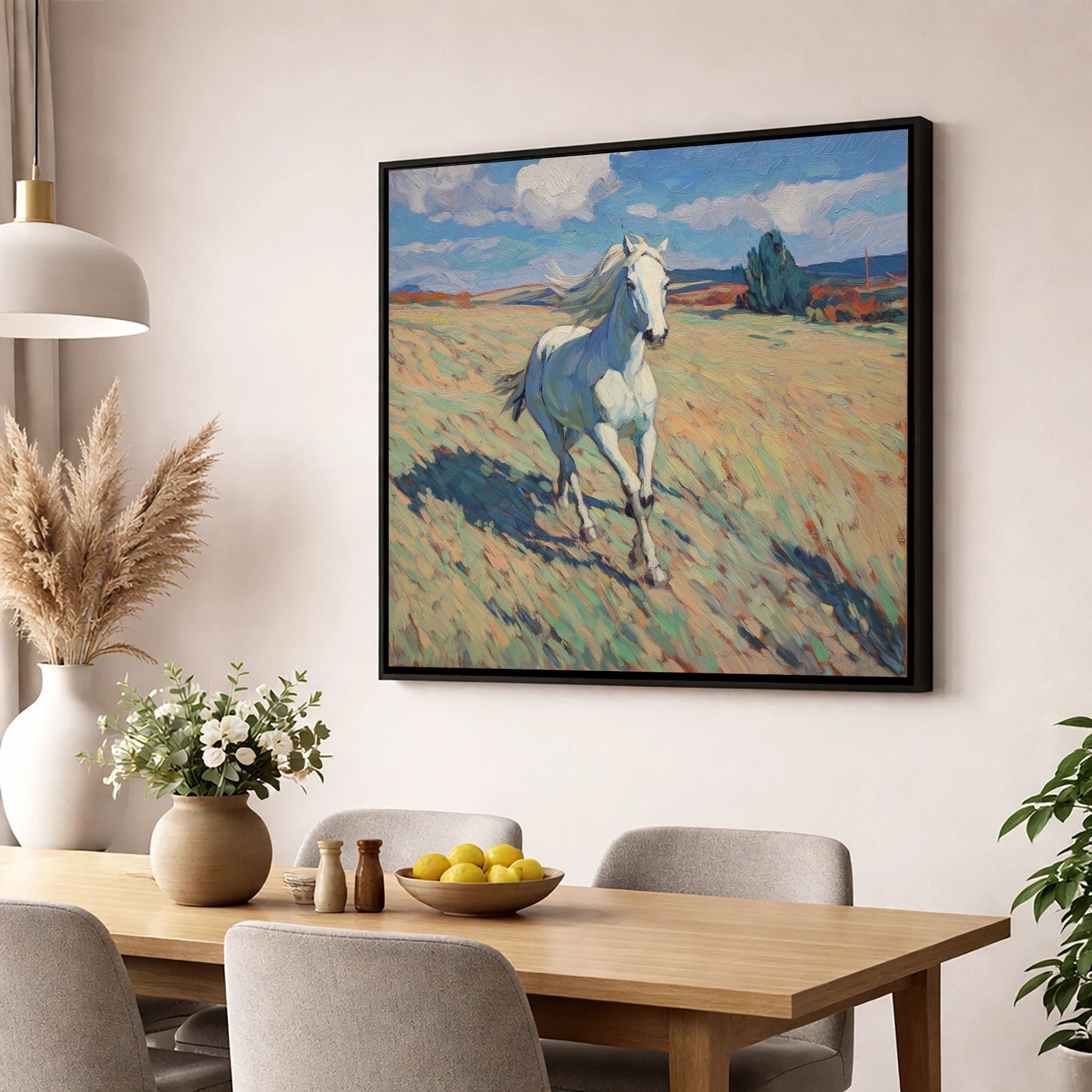 Sunlit Meadow Gallop wild horses wall art displayed in a dining room