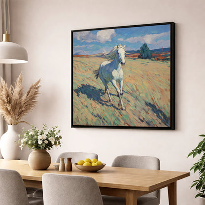 Sunlit Meadow Gallop wild horses wall art displayed in a dining room