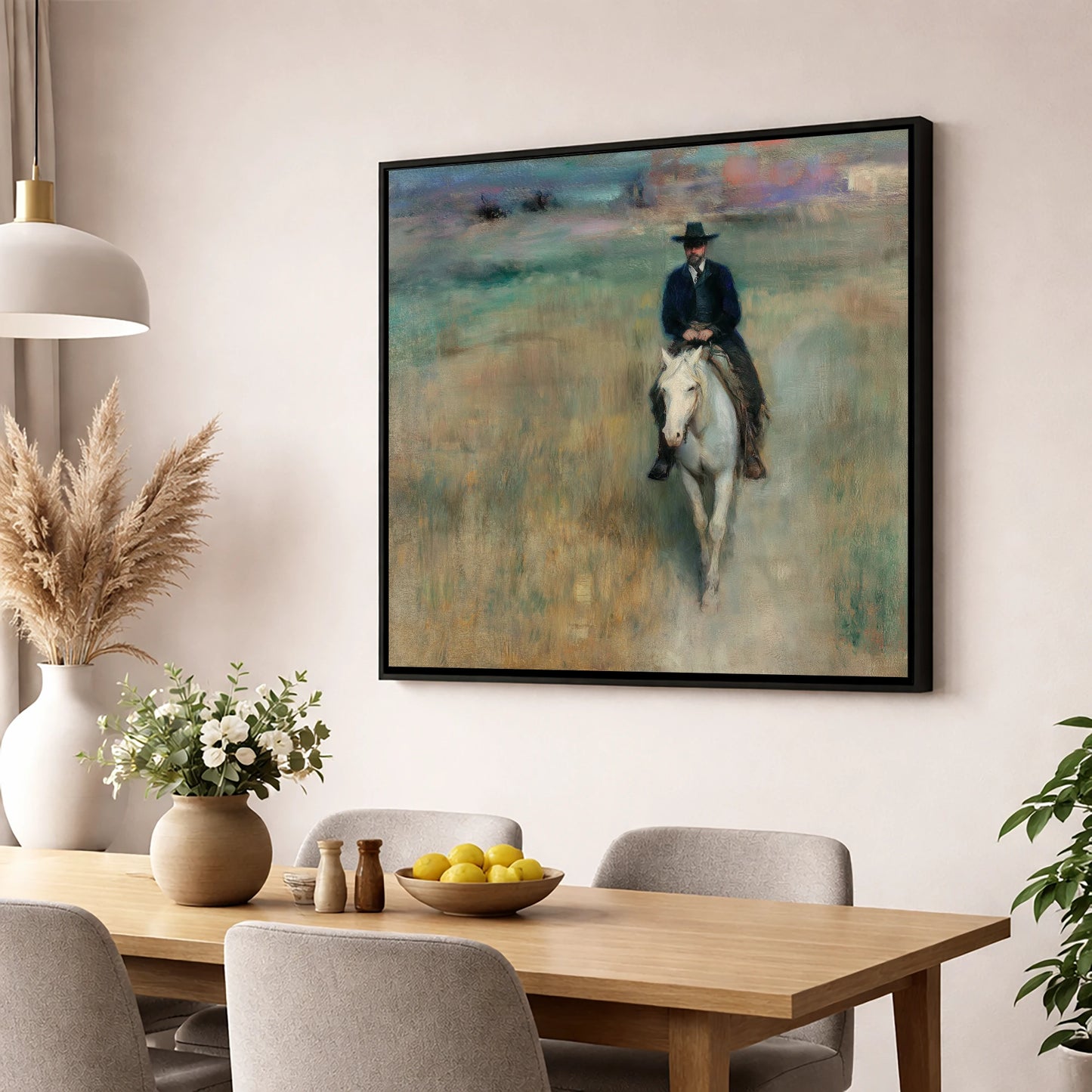 Solitary Trail Rider western horse wall art displayed in a dining room