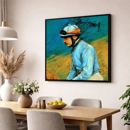 The Cerulean Silks racing horse wall art displayed in a dining room