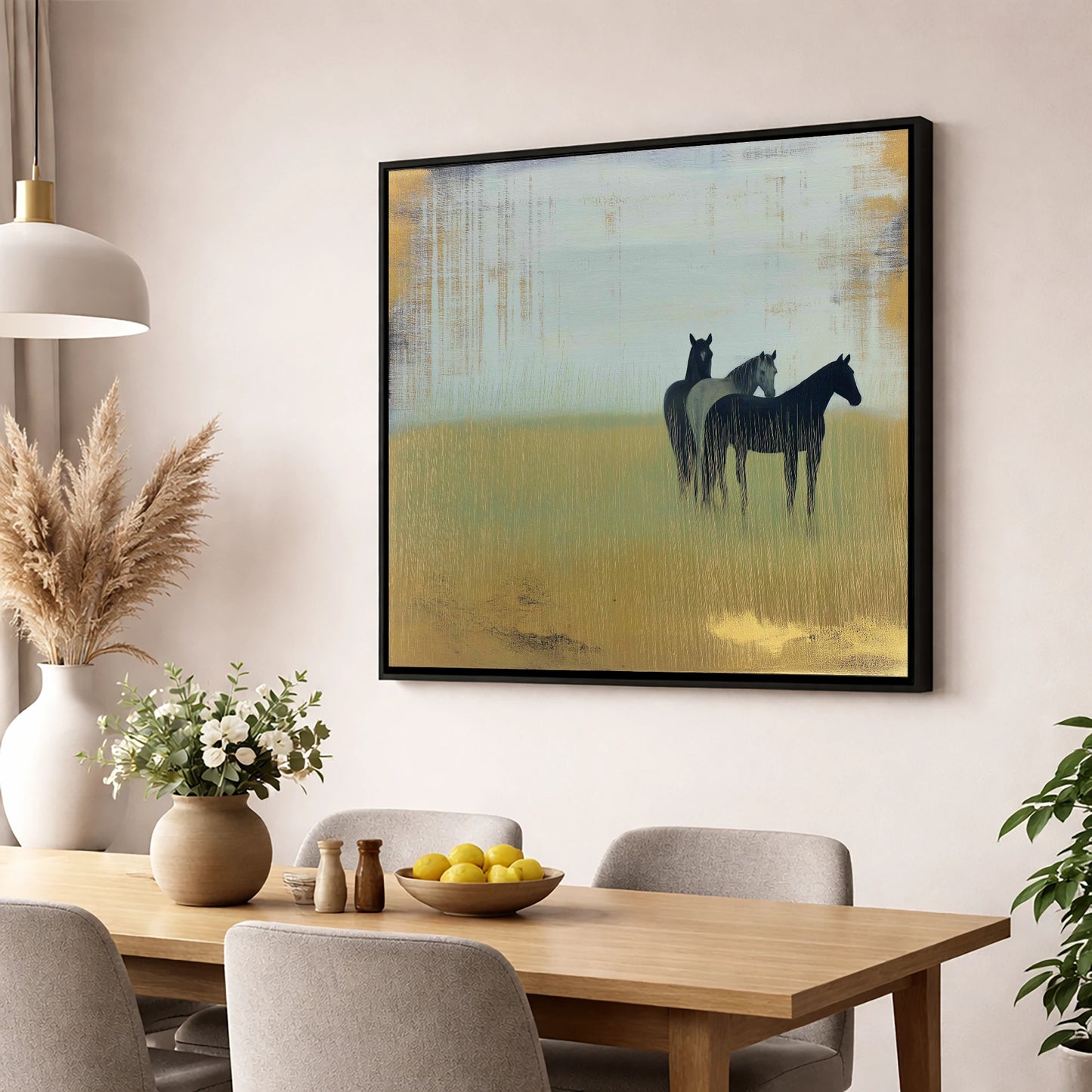 Gilded Meadow Watchers wild horses wall art displayed in a dining room