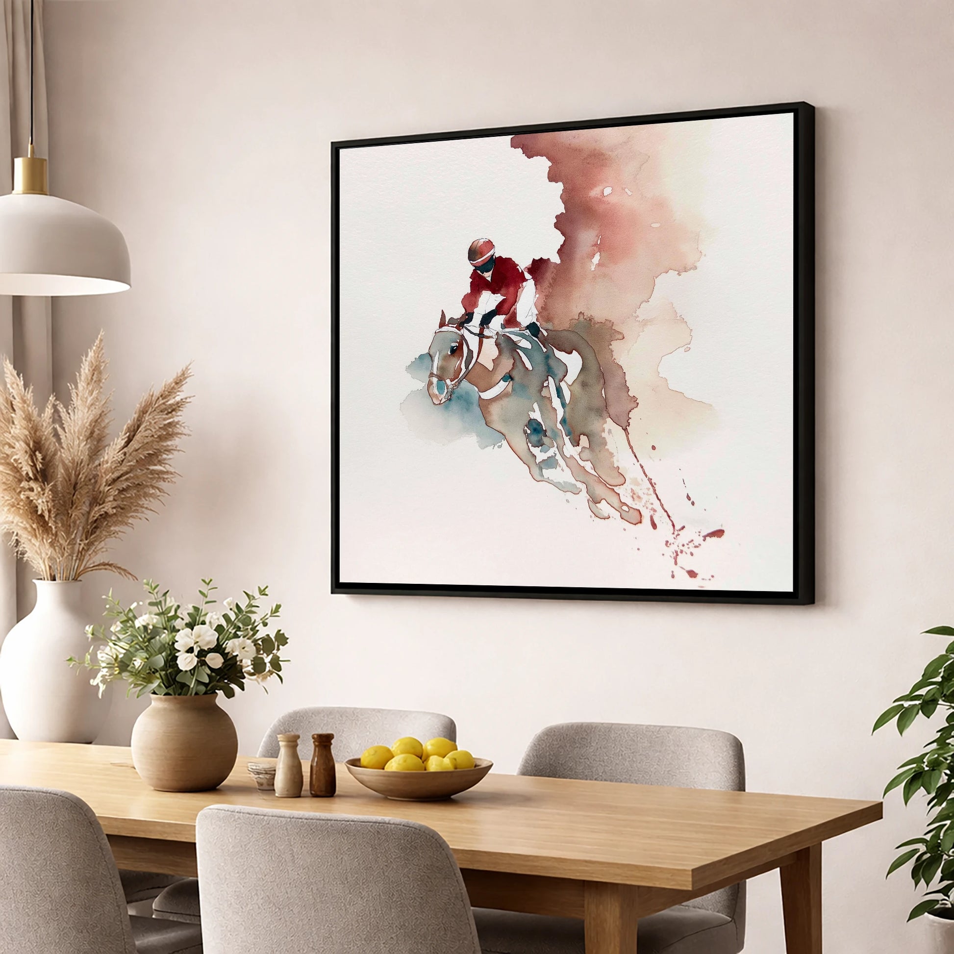Crimson Surge racing horse wall art displayed in a dining room