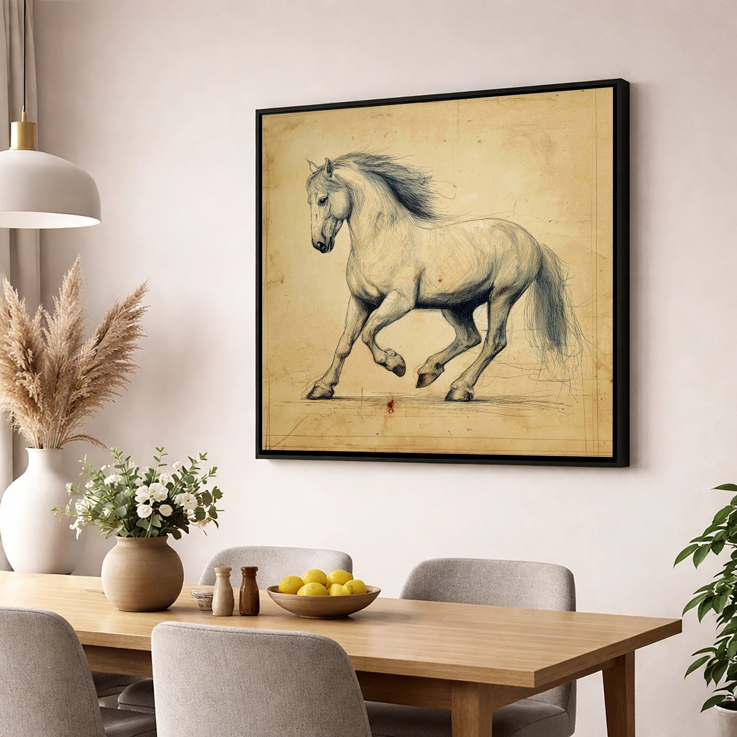 Classical Motion Study horse portrait wall art displayed in a dining room