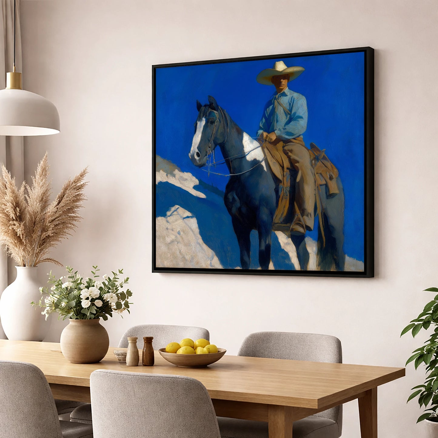Under the Cobalt Sky western horse wall art displayed in a dining room
