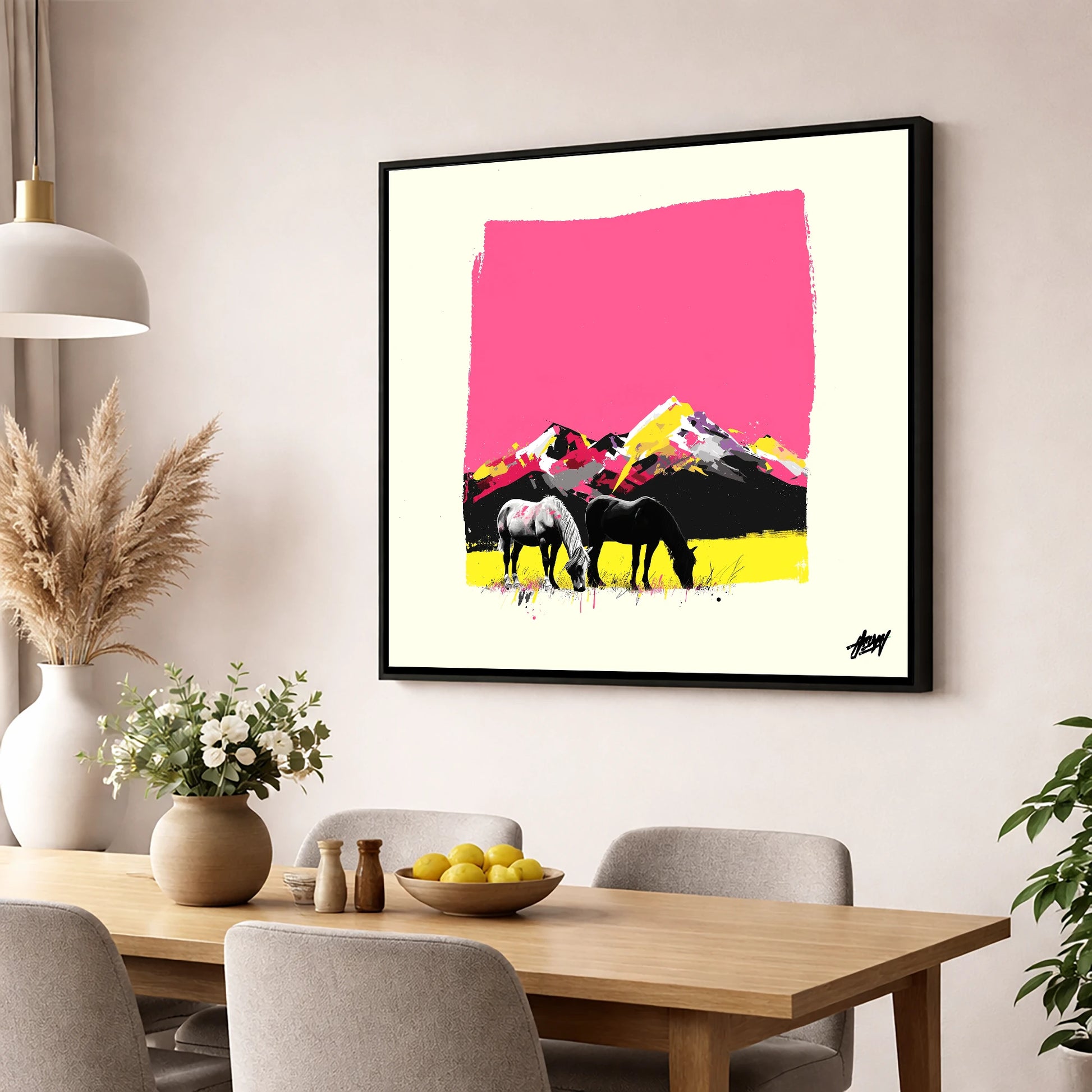 Vibrant Mountain Pastures horse landscape wall art displayed in a dining room