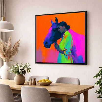 Technicolour Bond horse & rider wall art displayed in a dining room