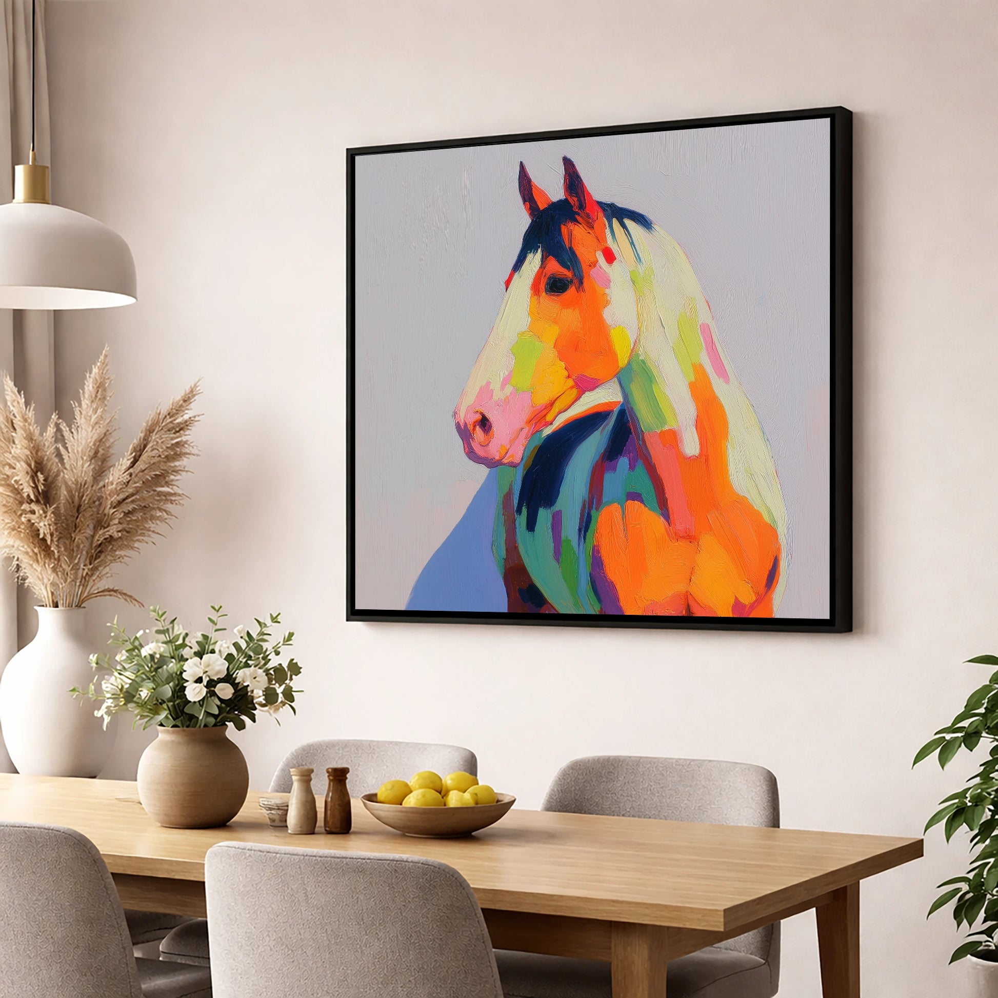 Technicolour Equine Profile horse breed wall art displayed in a dining room