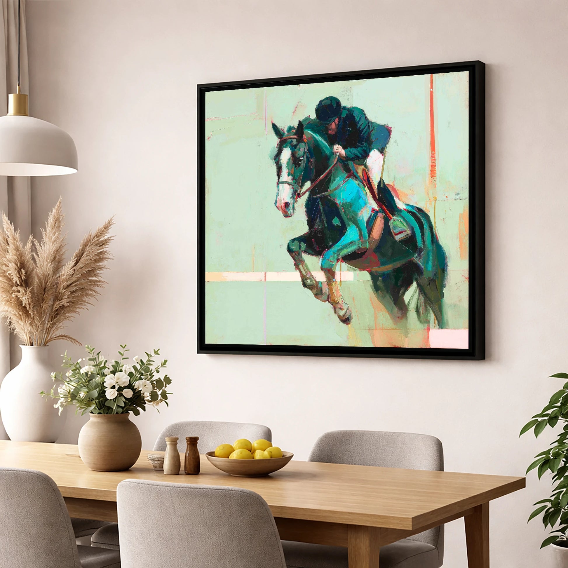 Airborne in Teal show jumping horse wall art displayed in a dining room