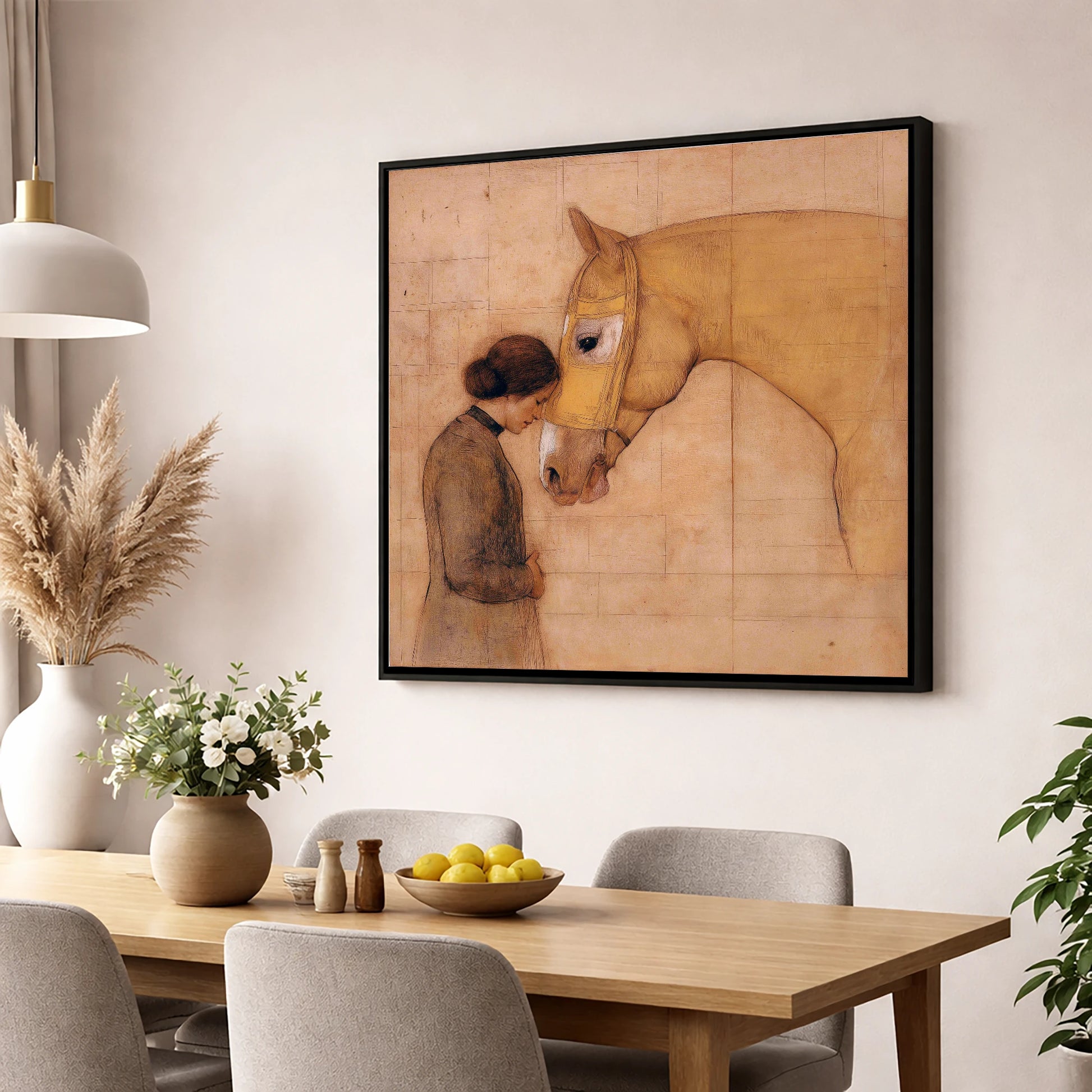 The Silent Language horse & rider wall art displayed in a dining room