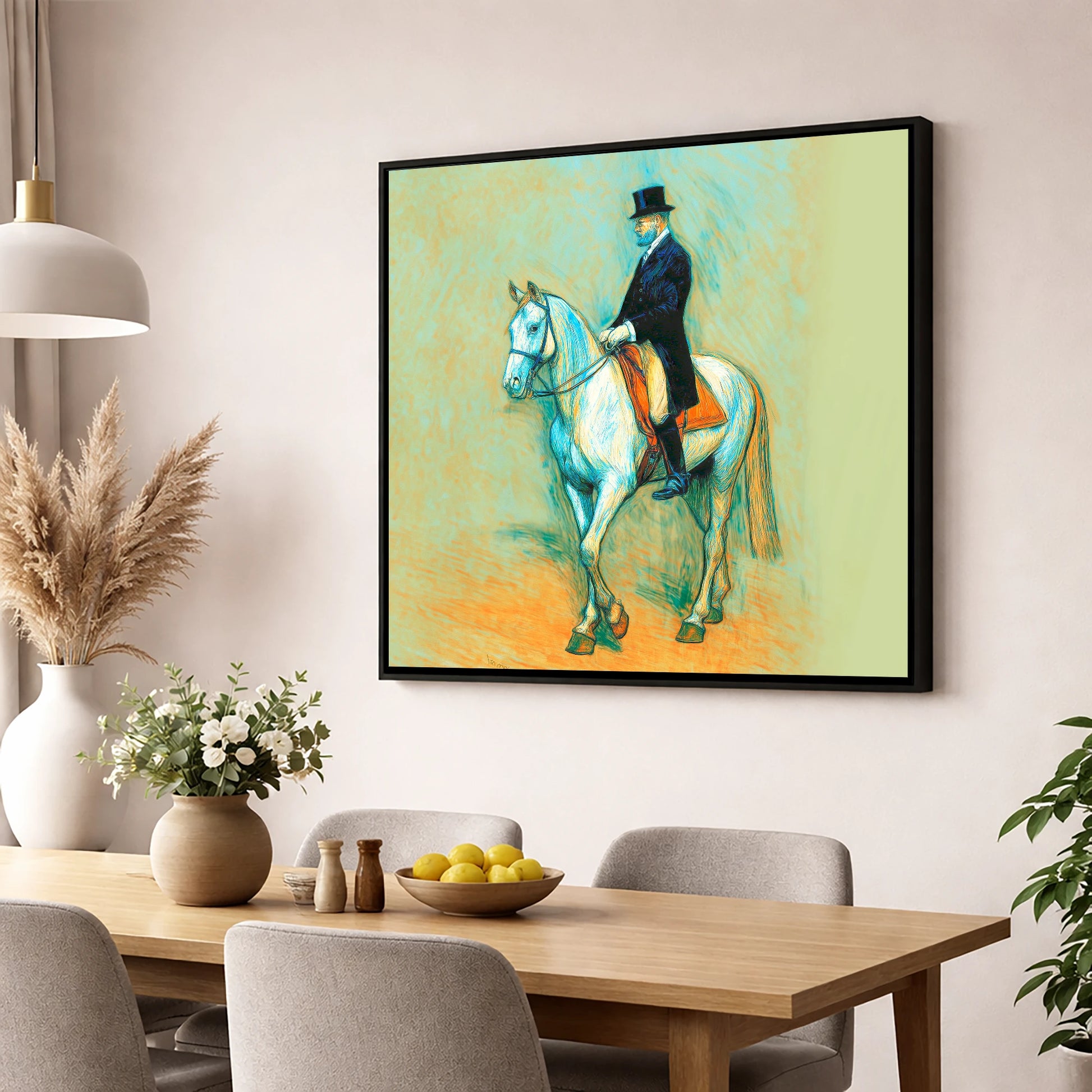 The Classical Master dressage horse wall art displayed in a dining room