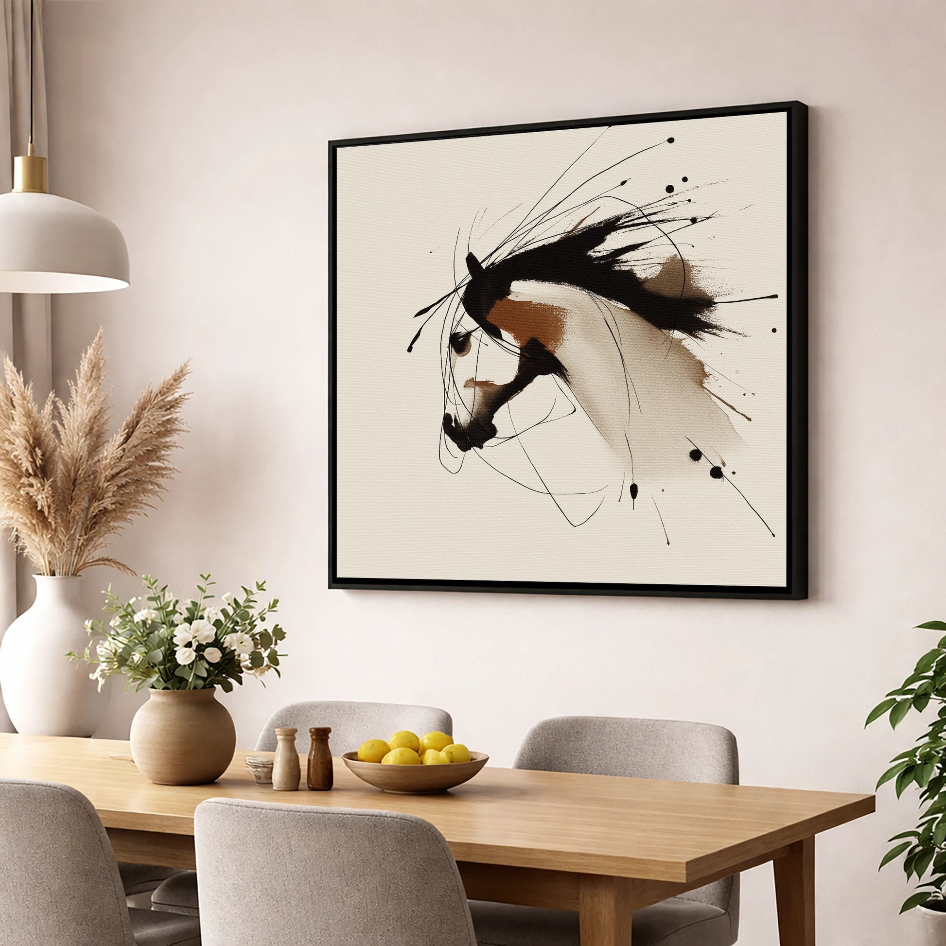 Ink Wash Equine Profile horse portrait wall art displayed in a dining room