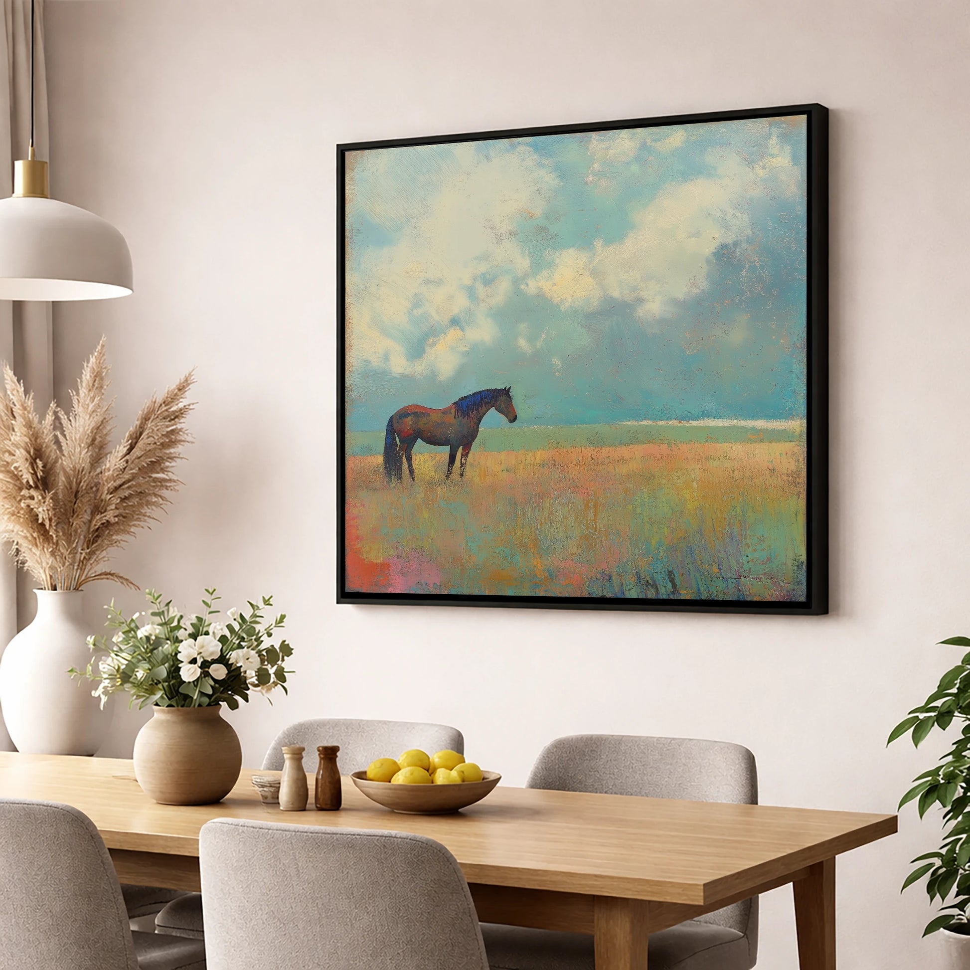 Beneath Turquoise Skies horse landscape wall art displayed in a dining room