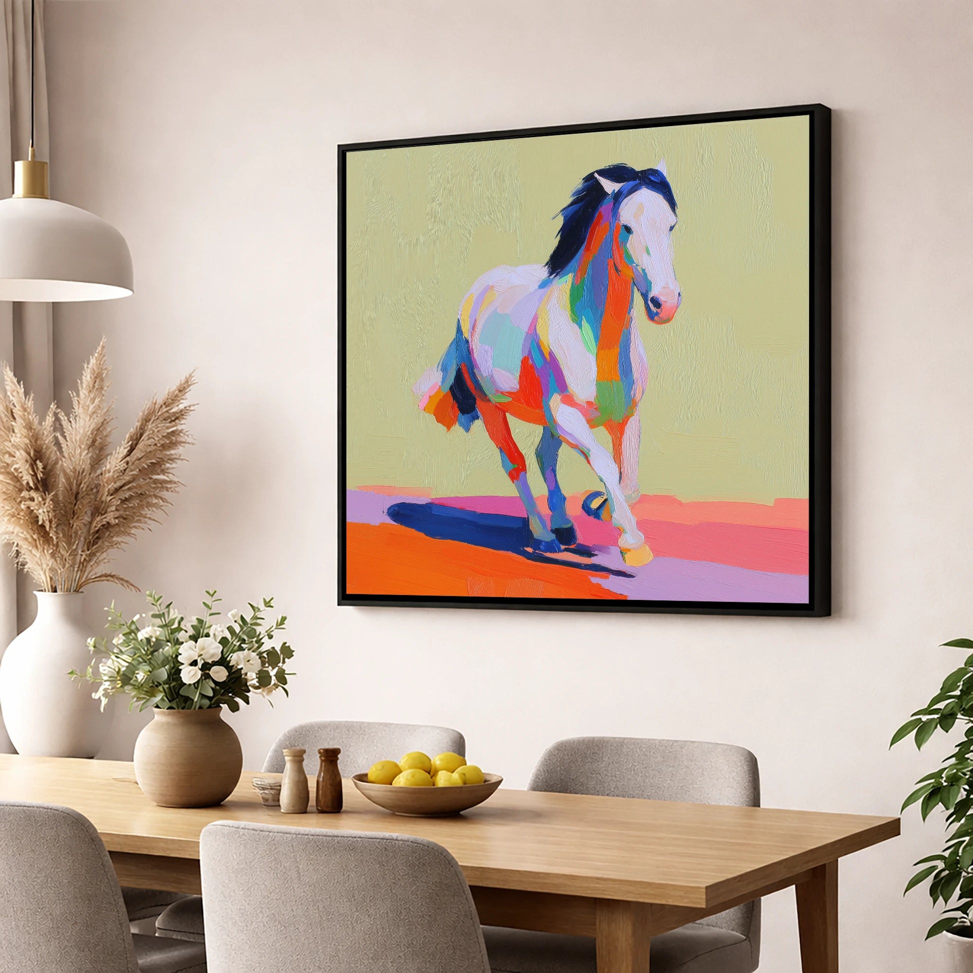 Technicolour Canter horse breed wall art displayed in a dining room