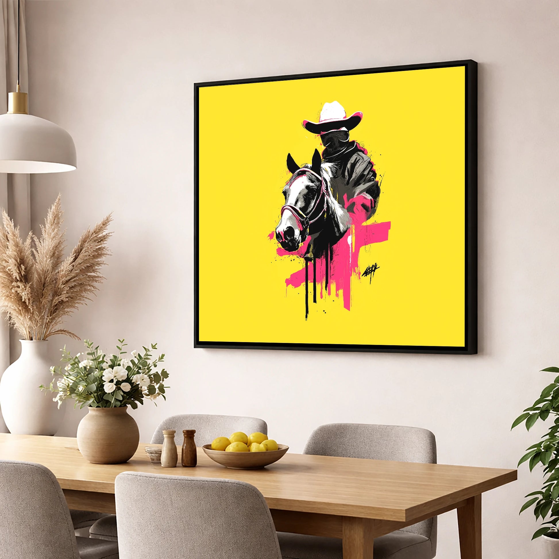 Magenta Western Rider western horse wall art displayed in a dining room