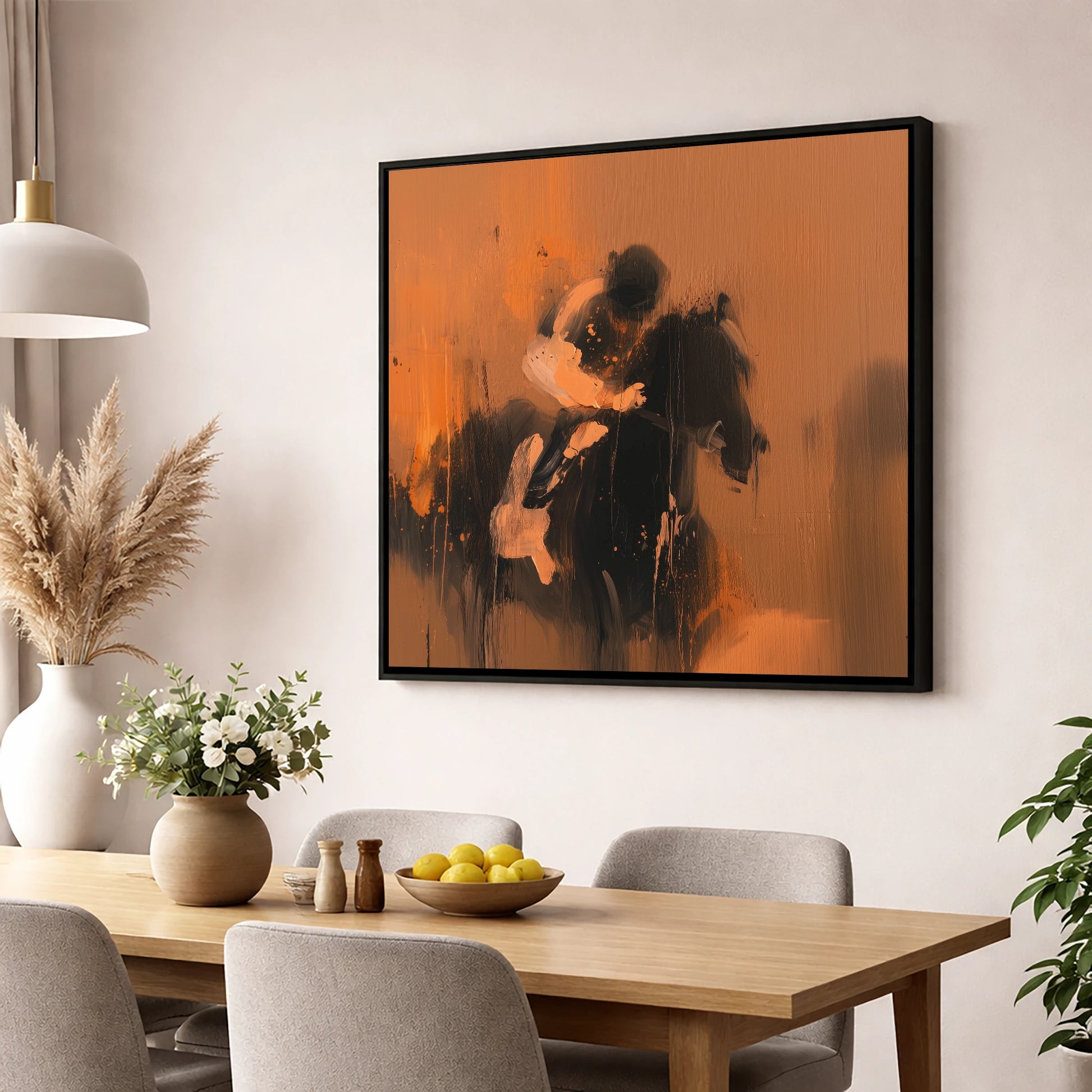 Through the Amber Dust racing horse wall art displayed in a dining room