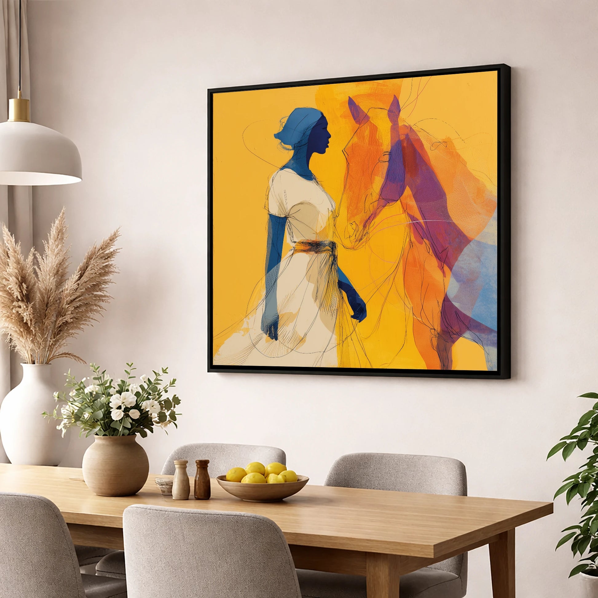 Golden Synchronicity horse & rider wall art displayed in a dining room