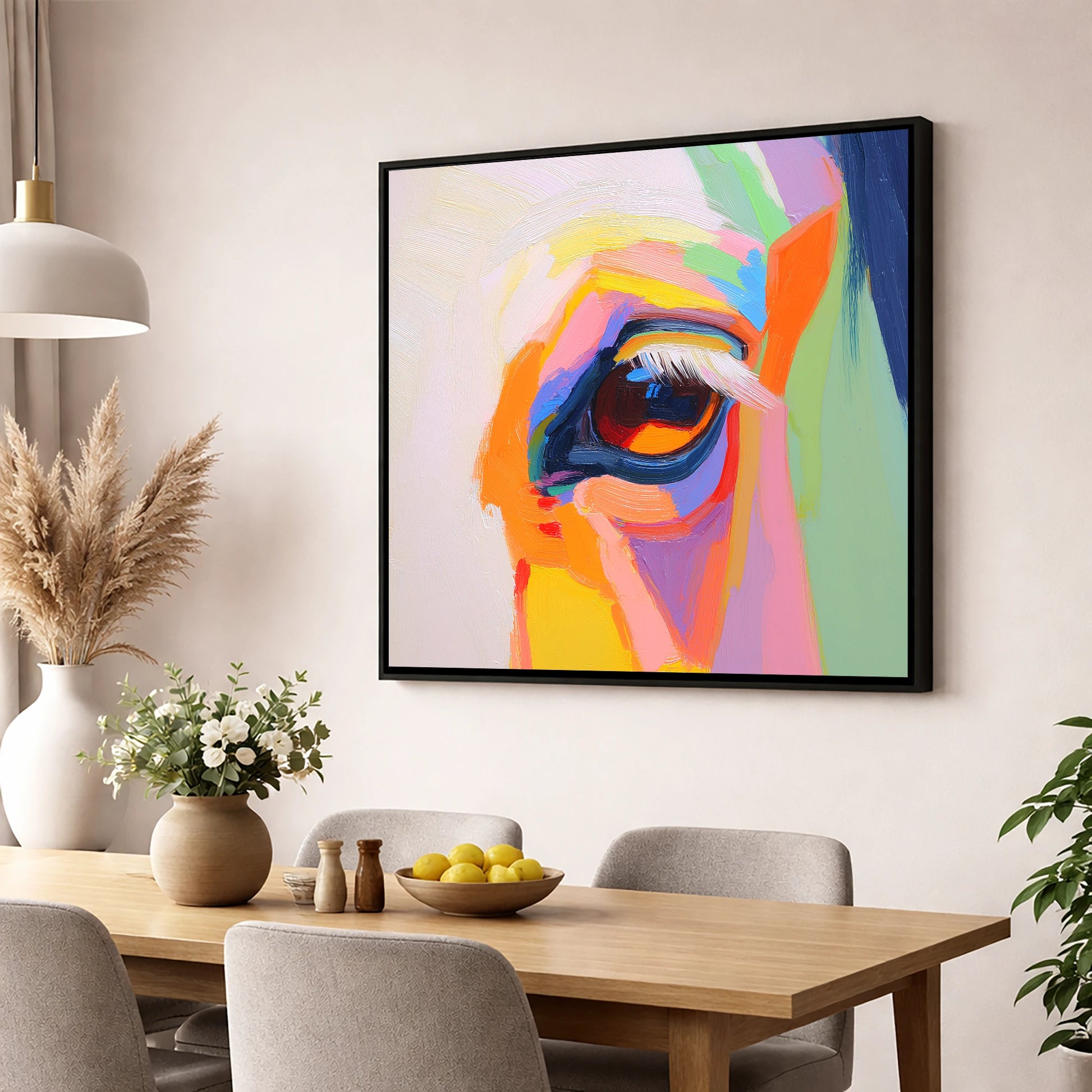 Kaleidoscopic Gaze horse portrait wall art displayed in a dining room