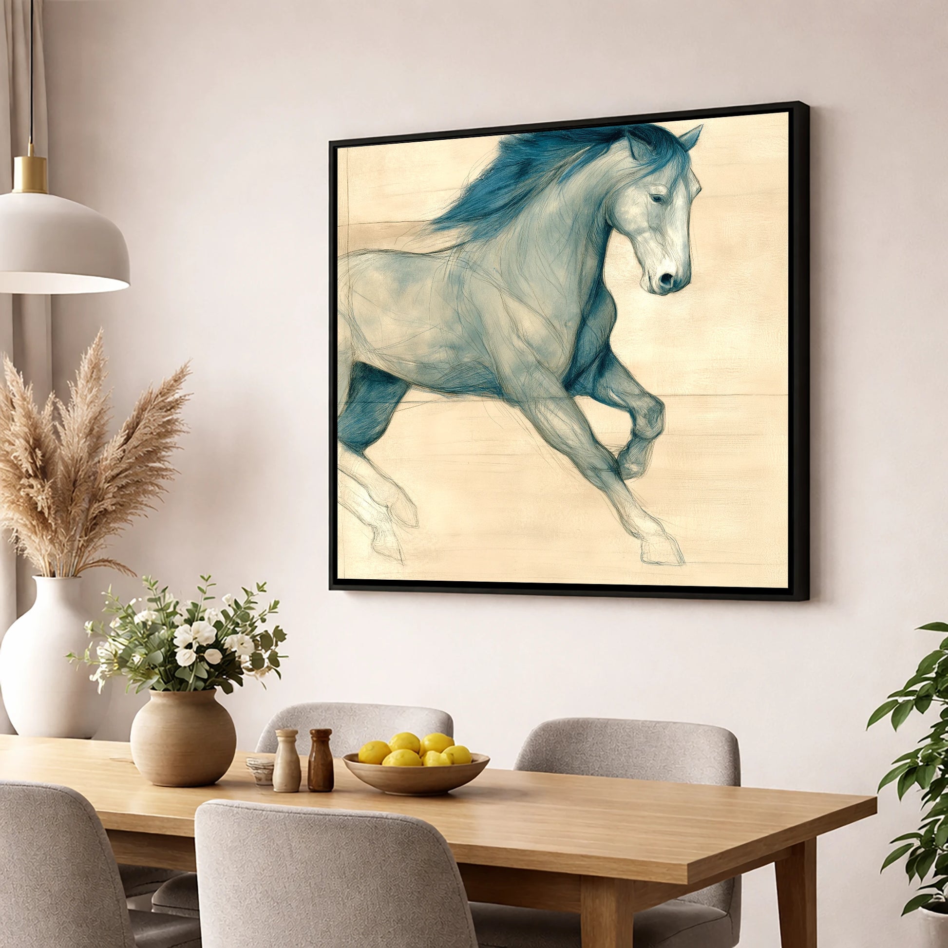 Teal Equine Study horse portrait wall art displayed in a dining room