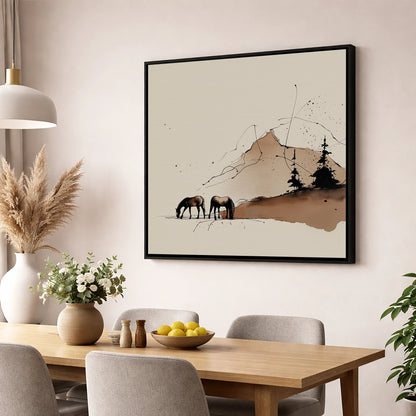 Highland Grazing horse landscape wall art displayed in a dining room
