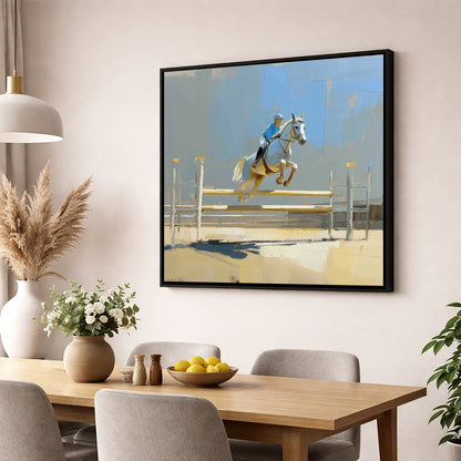 Sunlit Flight show jumping horse wall art displayed in a dining room