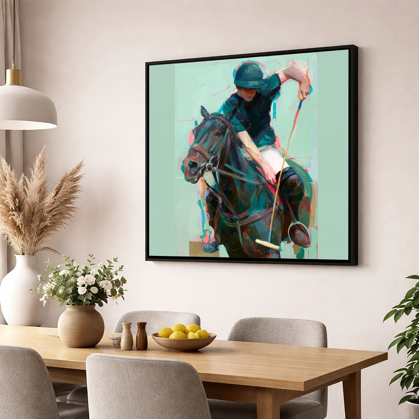 The Decisive Swing polo horse wall art displayed in a dining room