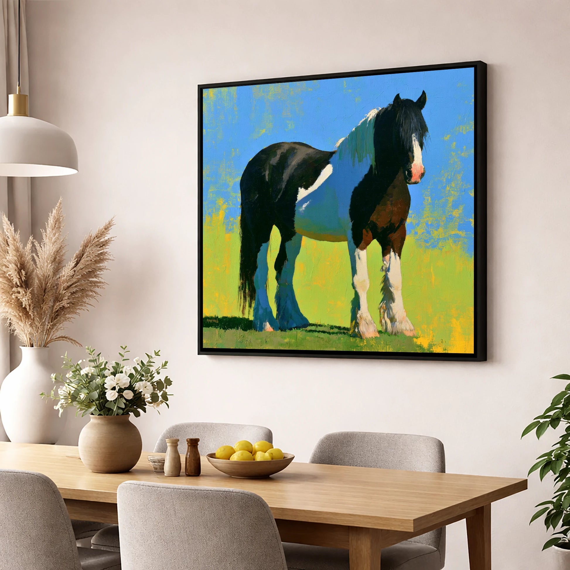 Piebald Cob in Summer Sun horse breed wall art displayed in a dining room