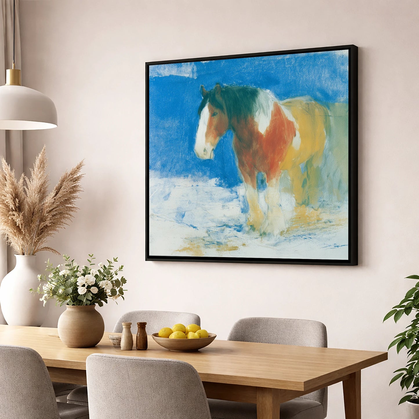 Cerulean Coloured Cob horse breed wall art displayed in a dining room