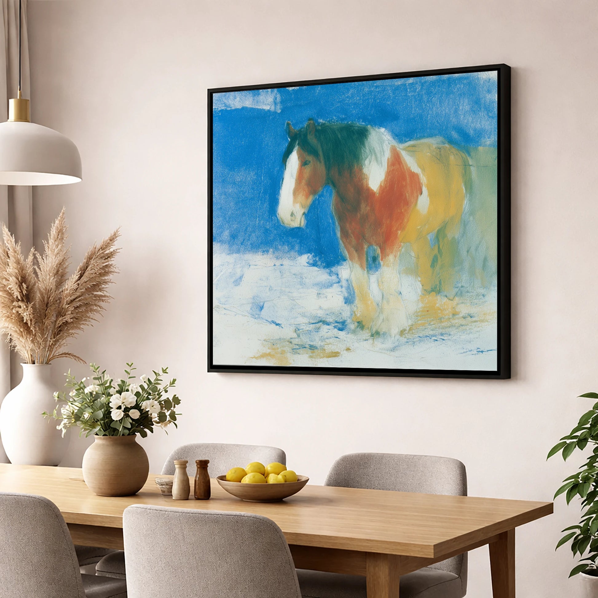 Cerulean Coloured Cob horse breed wall art displayed in a dining room