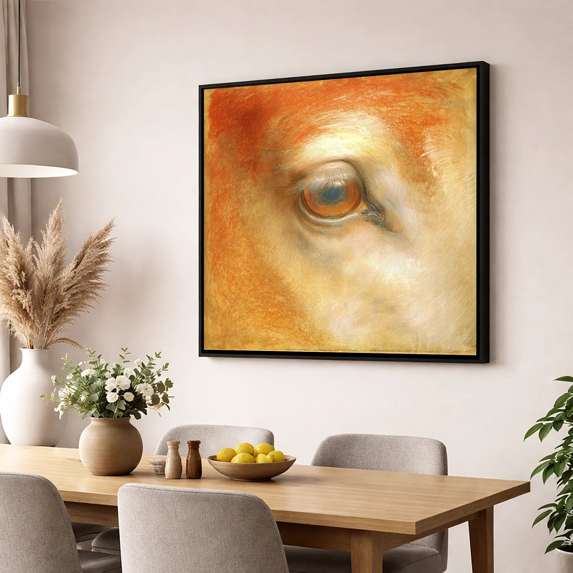 The Amber Gaze horse portrait wall art displayed in a dining room