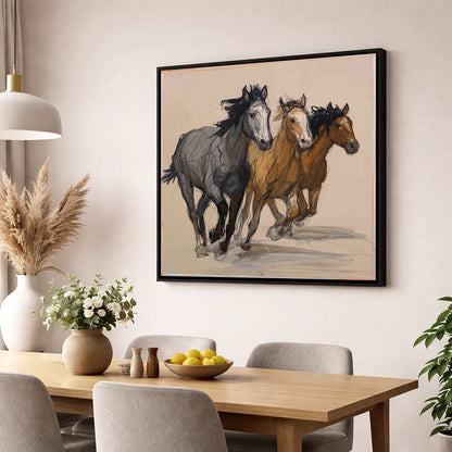 Spirited Trio wild horses wall art displayed in a dining room