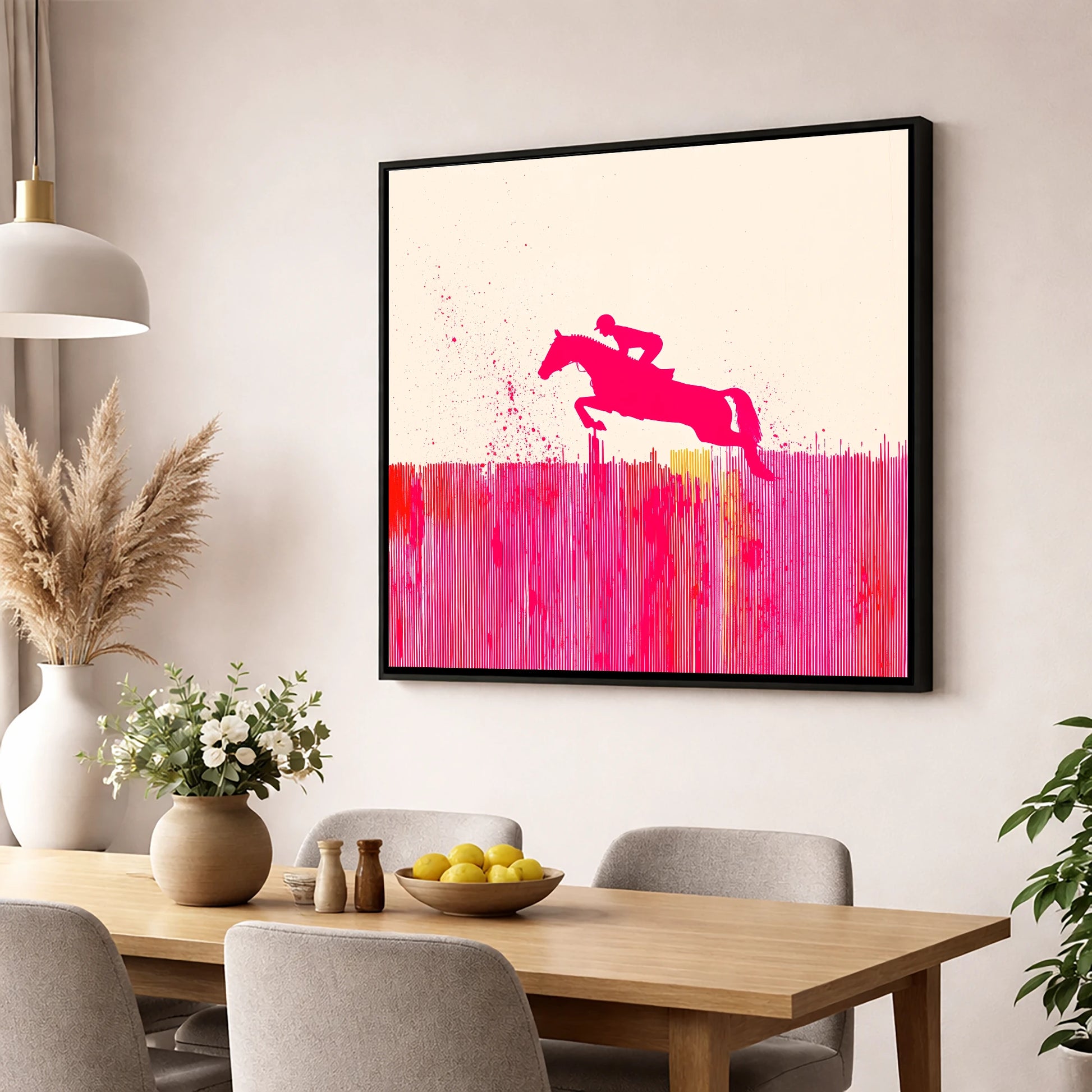 Vibrant Magenta Leap show jumping horse wall art displayed in a dining room