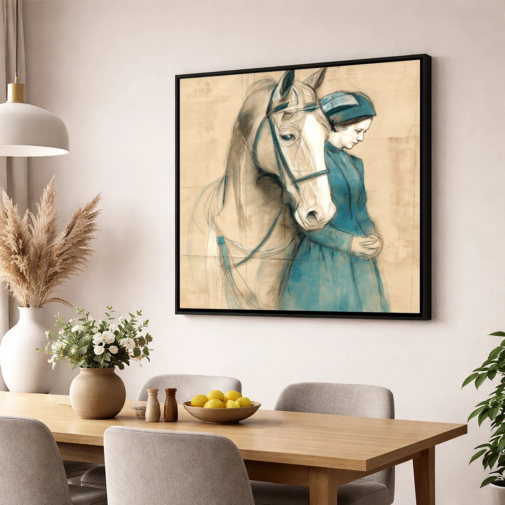 Silent Bond horse & rider wall art displayed in a dining room