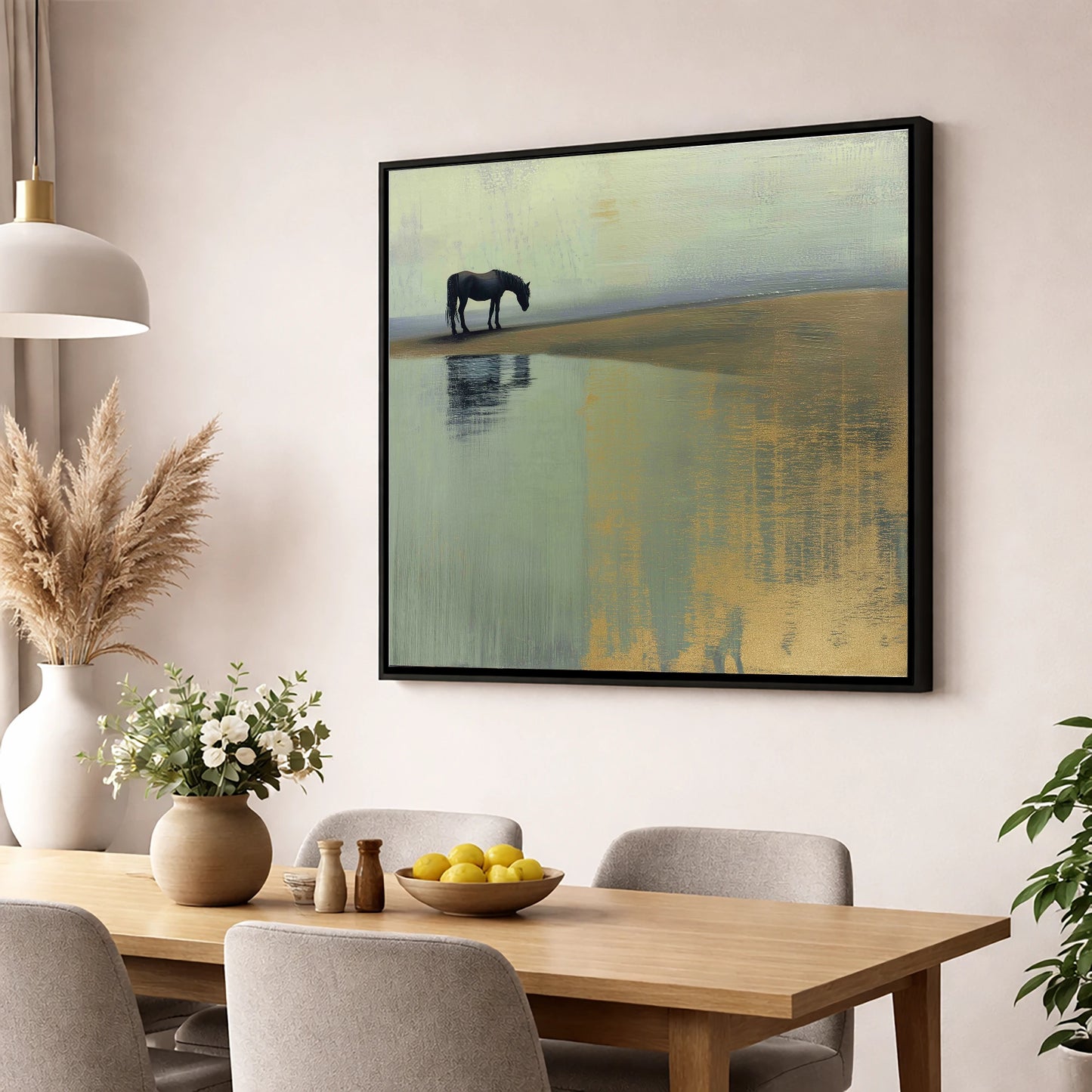 The Gilded Estuary horse landscape wall art displayed in a dining room