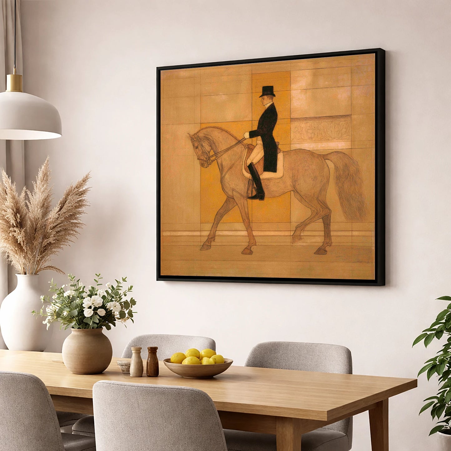 Collected Elegance dressage horse wall art displayed in a dining room