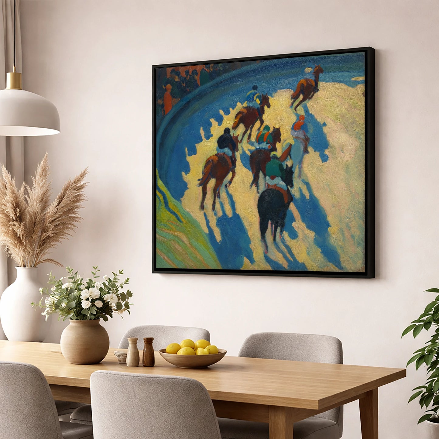 Shadows on the Bend racing horse wall art displayed in a dining room