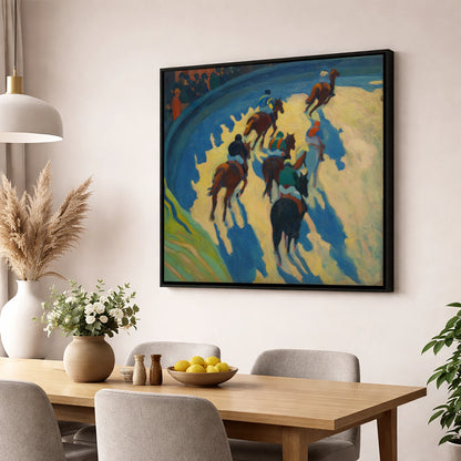 Shadows on the Bend racing horse wall art displayed in a dining room