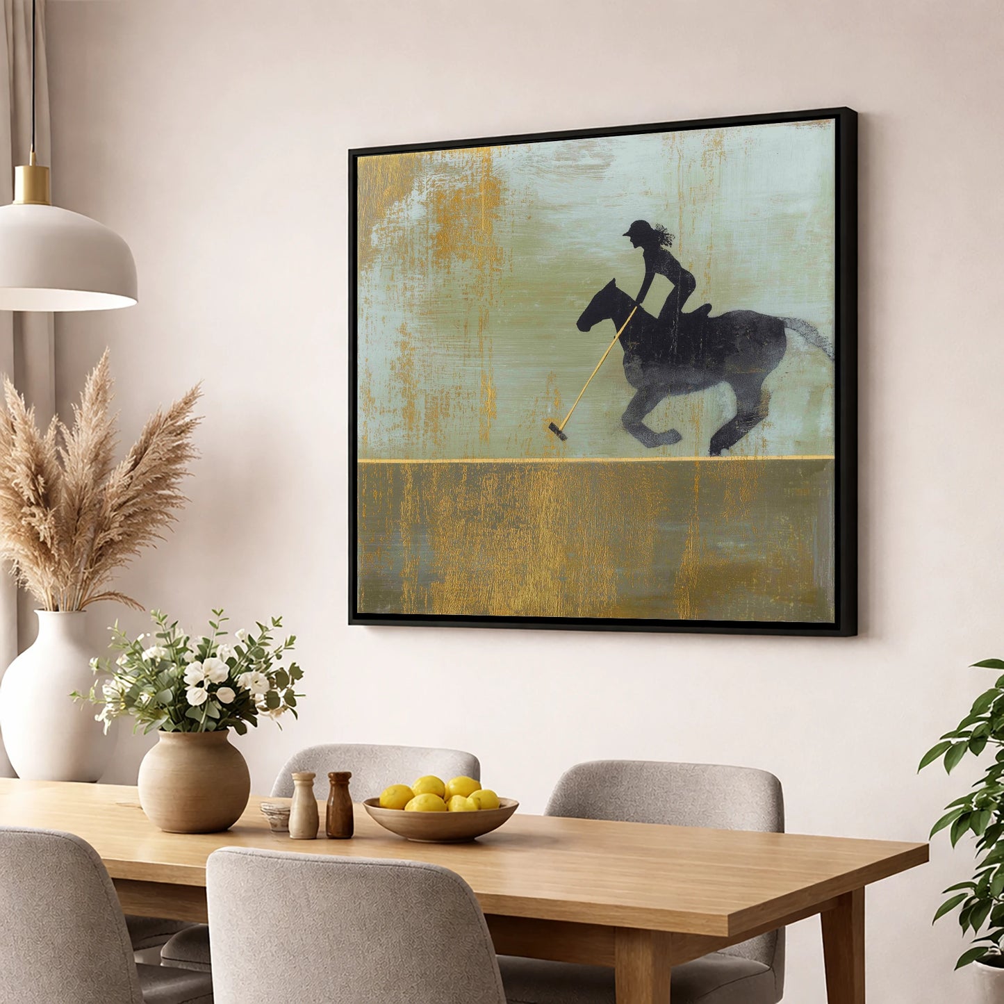 Gilded Polo Silhouette polo horse wall art displayed in a dining room