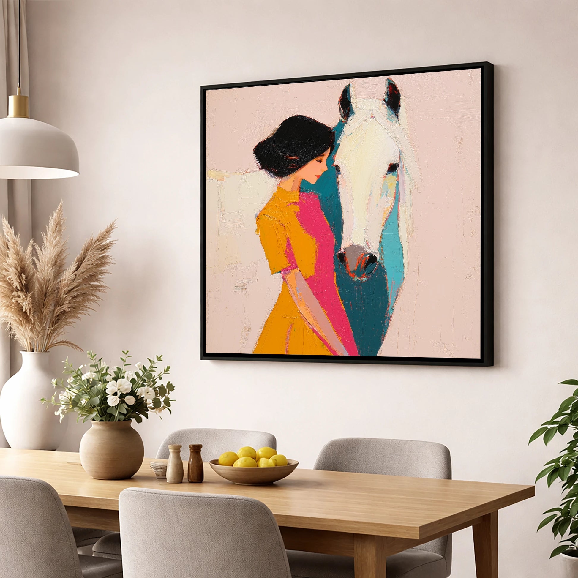 Vibrant Harmony horse & rider wall art displayed in a dining room