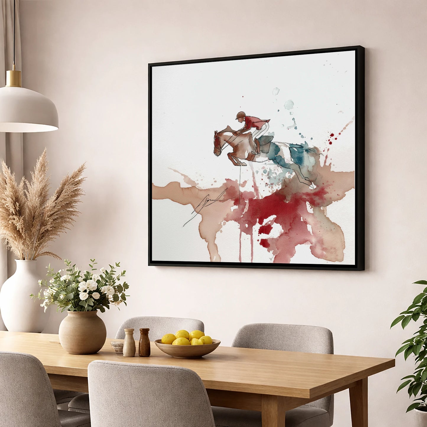 Crimson Flight show jumping horse wall art displayed in a dining room