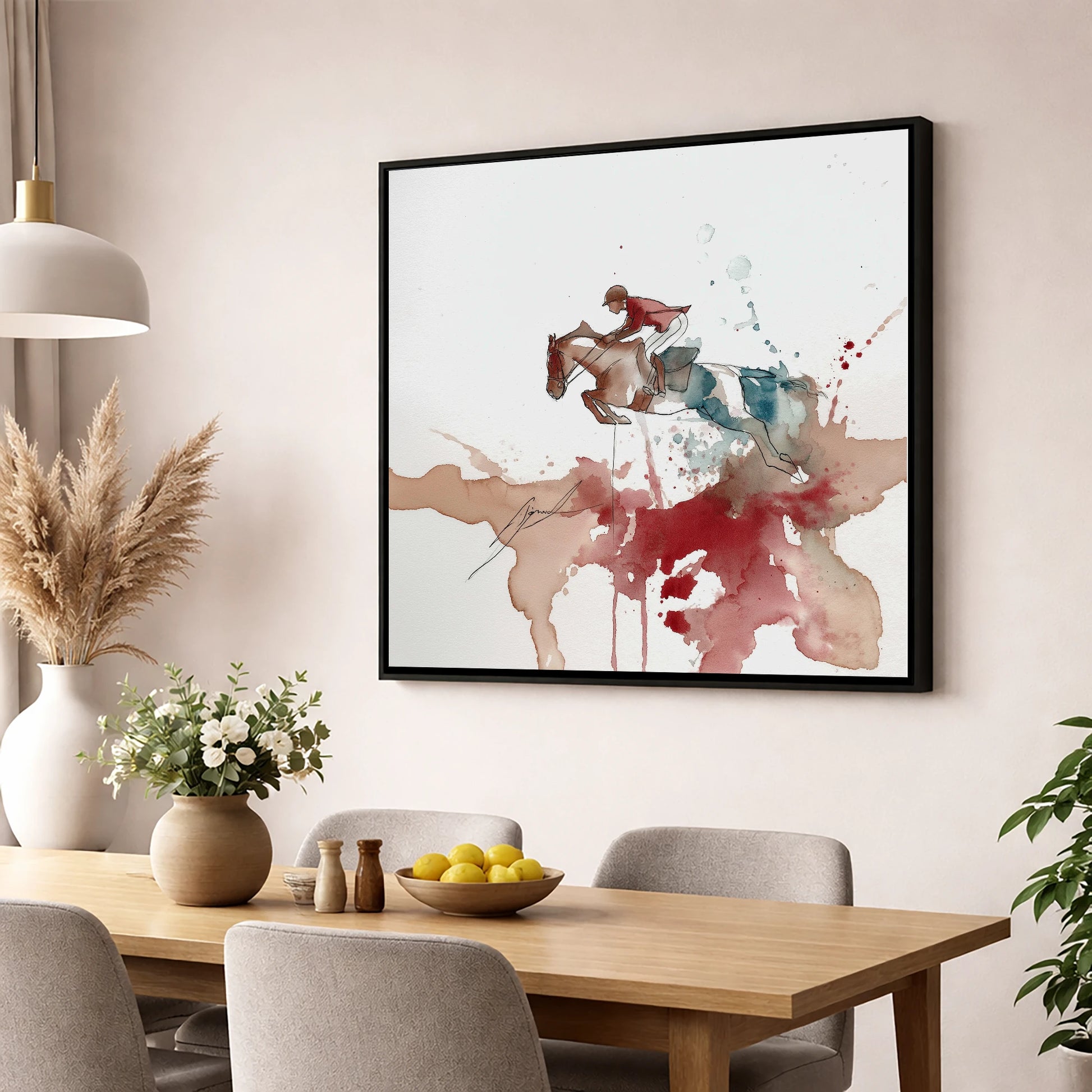 Crimson Flight show jumping horse wall art displayed in a dining room