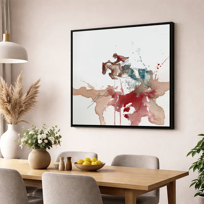 Crimson Flight show jumping horse wall art displayed in a dining room
