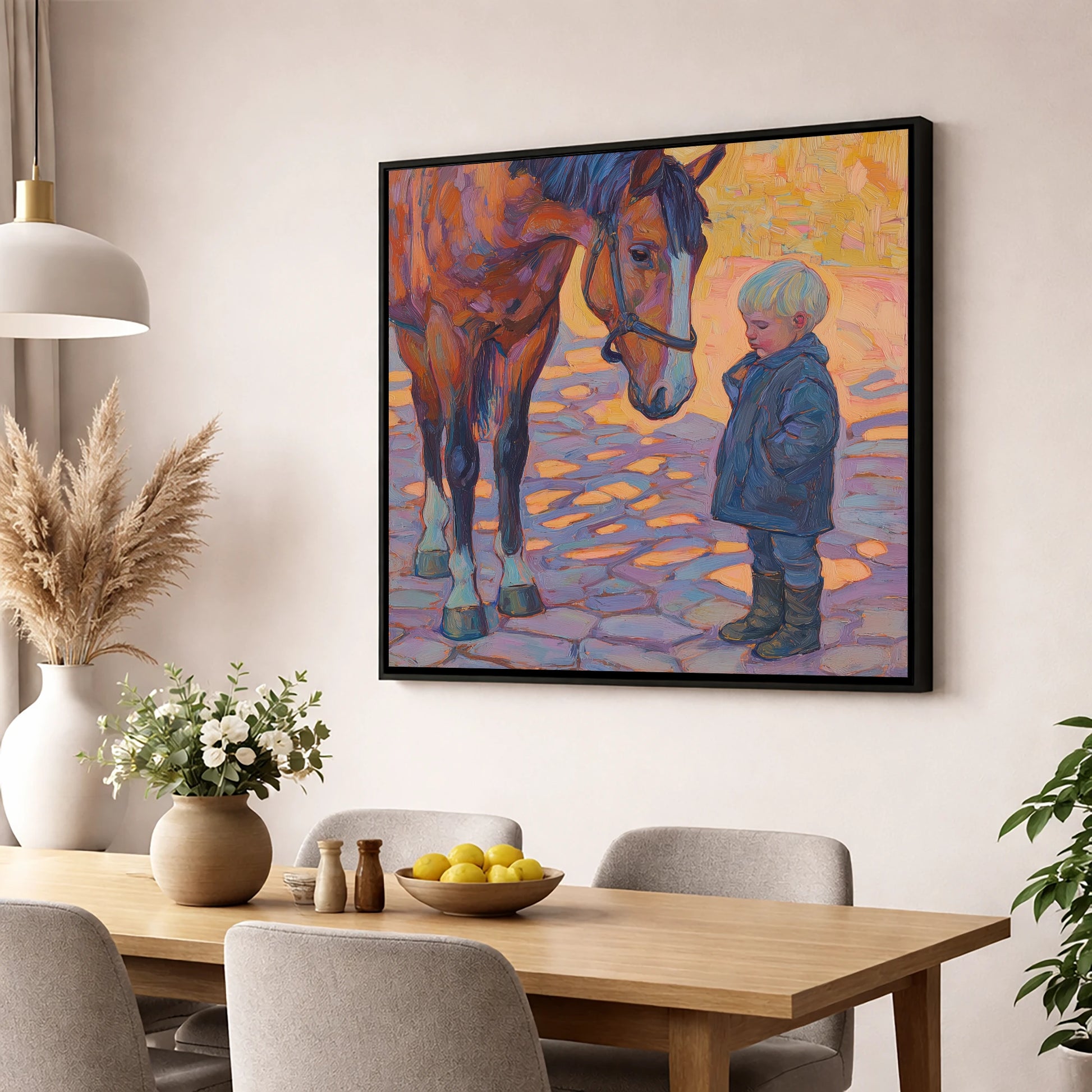 The Gentle Encounter horse & rider wall art displayed in a dining room