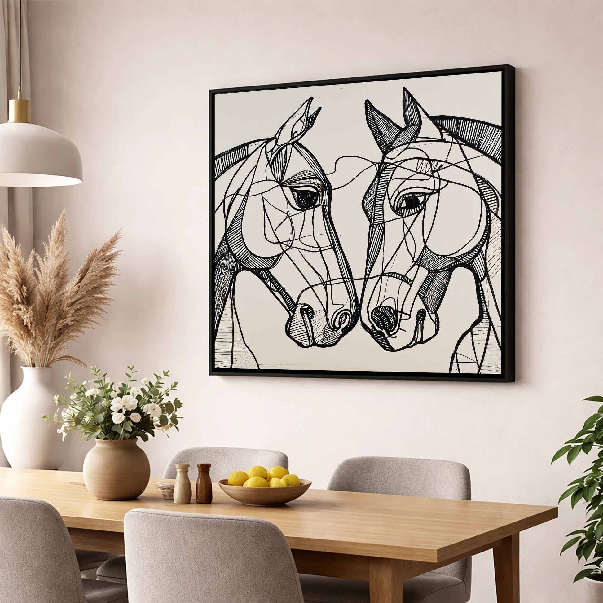 Structural Equine Bond horse portrait wall art displayed in a dining room