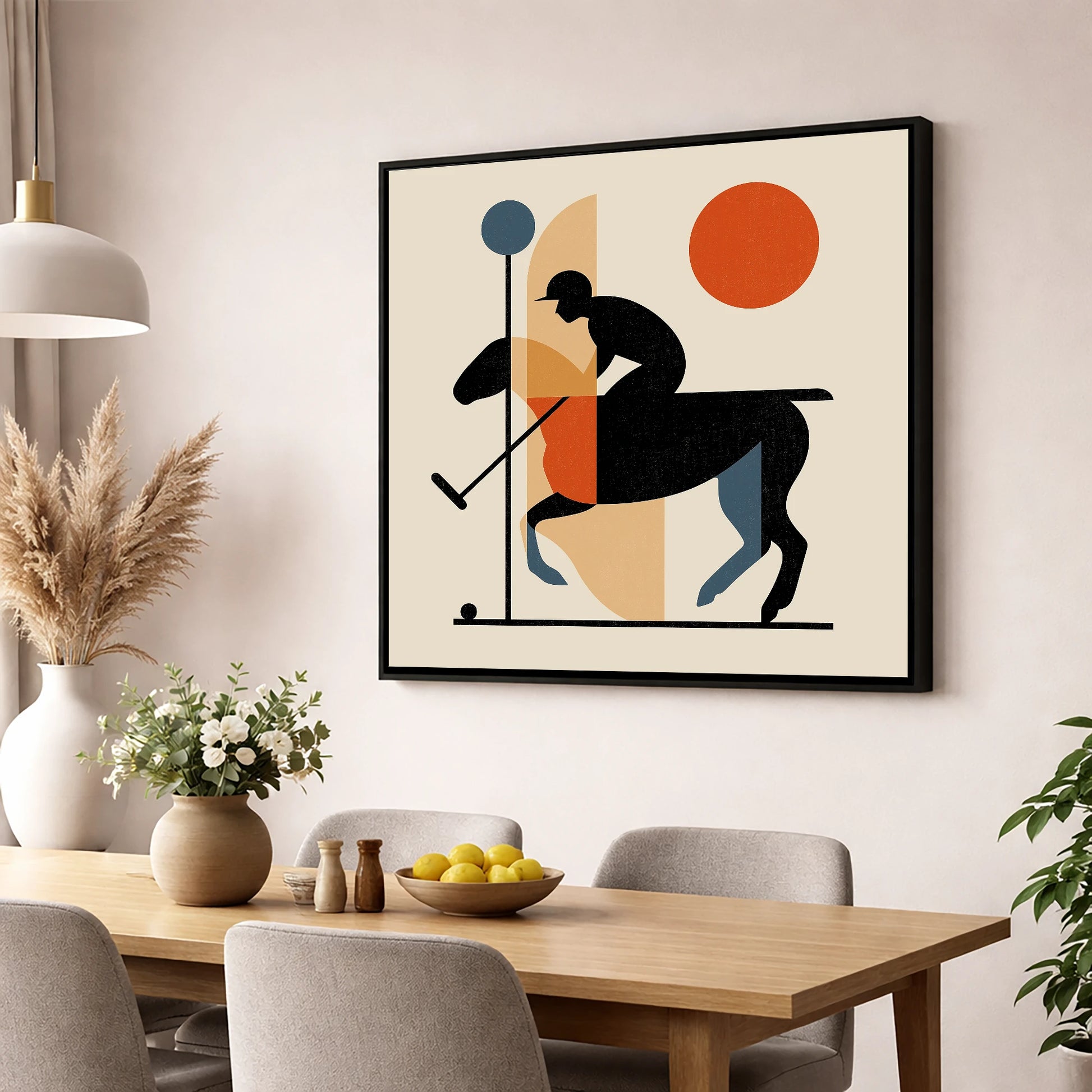 Retro Polo Strike polo horse wall art displayed in a dining room