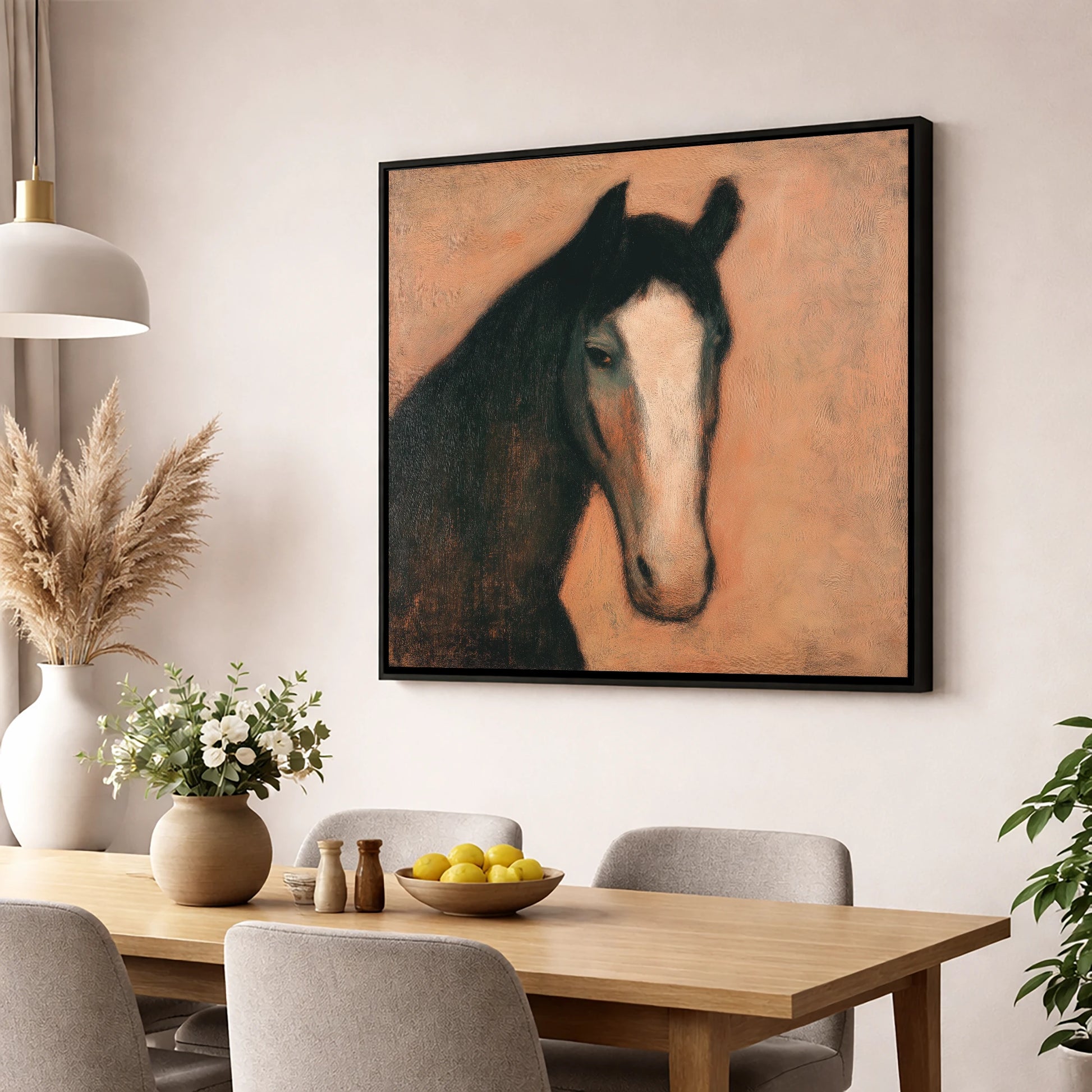 Dignity in Shadows horse portrait wall art displayed in a dining room