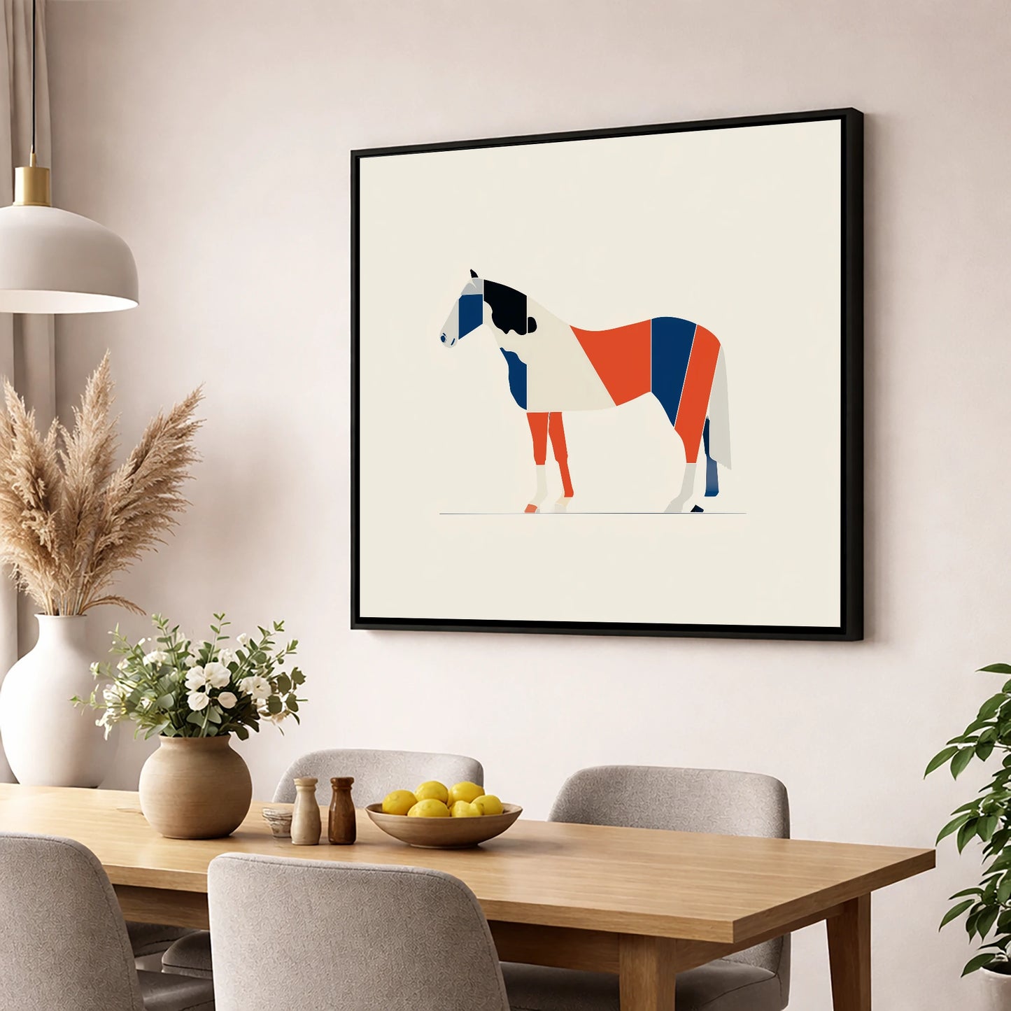Modern Equine Geometry horse breed wall art displayed in a dining room