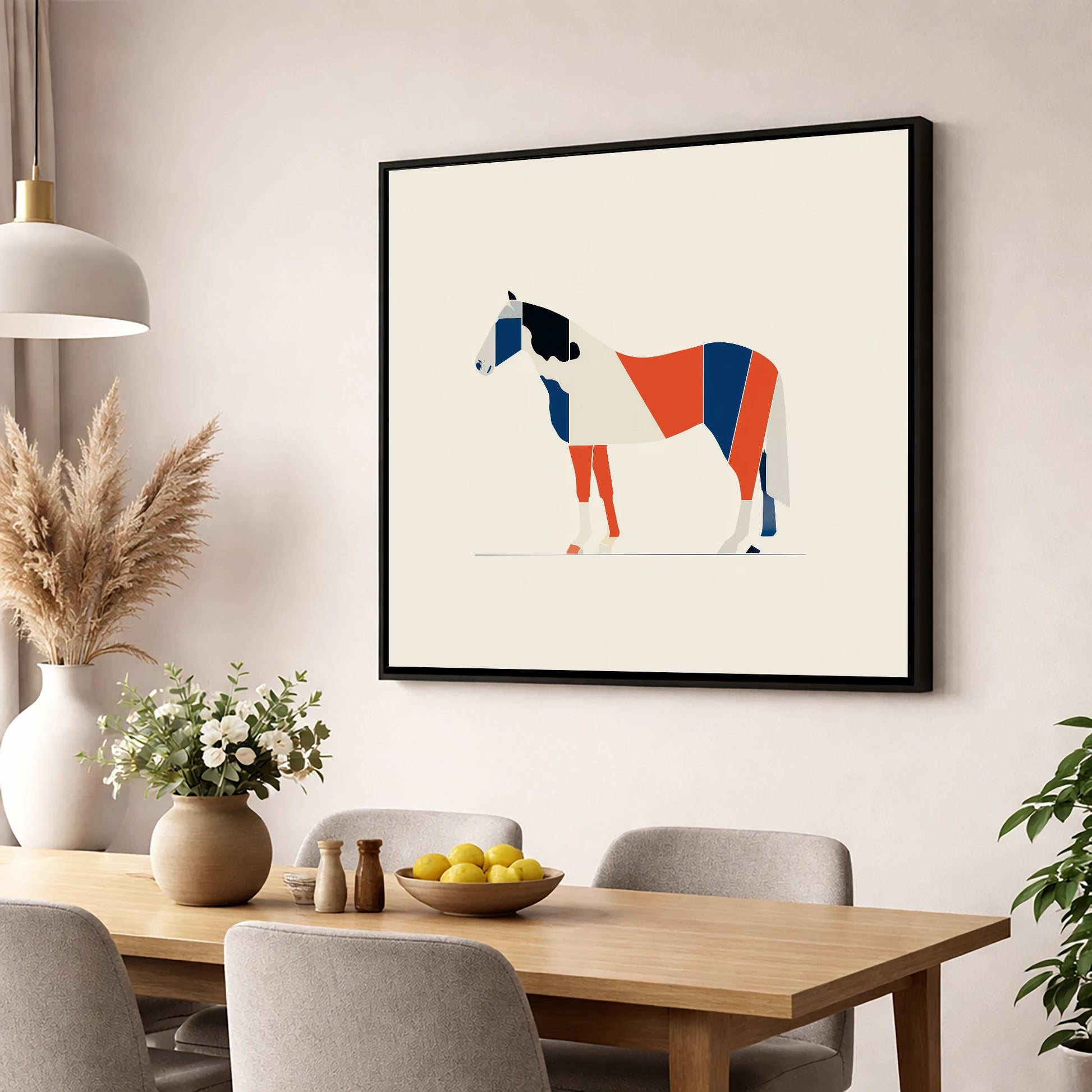 Modern Equine Geometry horse breed wall art displayed in a dining room