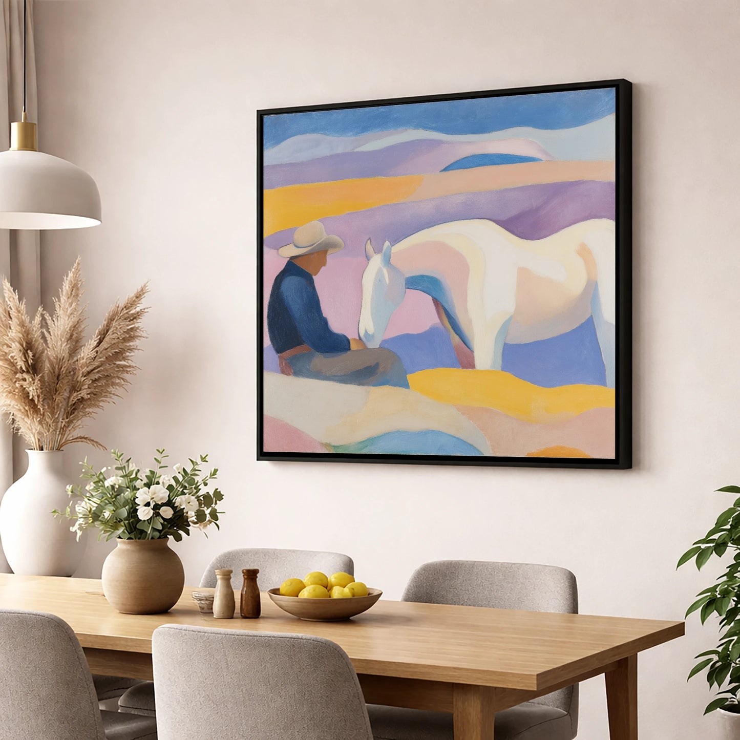 The Quiet Companion horse & rider wall art displayed in a dining room