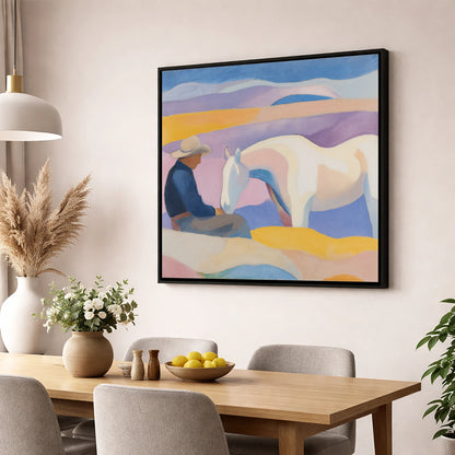The Quiet Companion horse & rider wall art displayed in a dining room