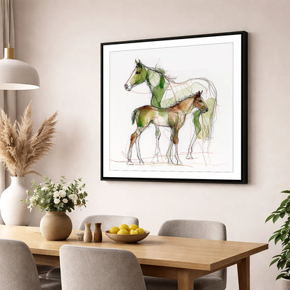 Lines of Kinship mare & foal wall art displayed in a dining room